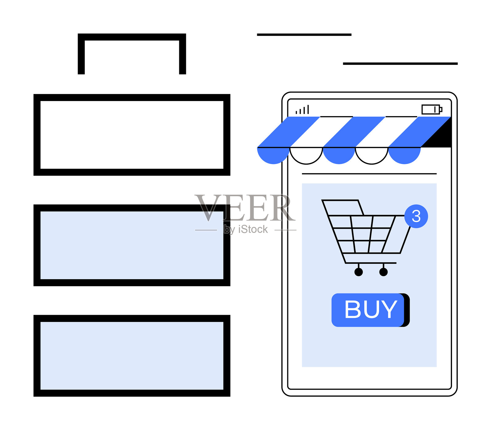 移动设备上的在线购物应用，带有购物车和购买按钮插画图片素材