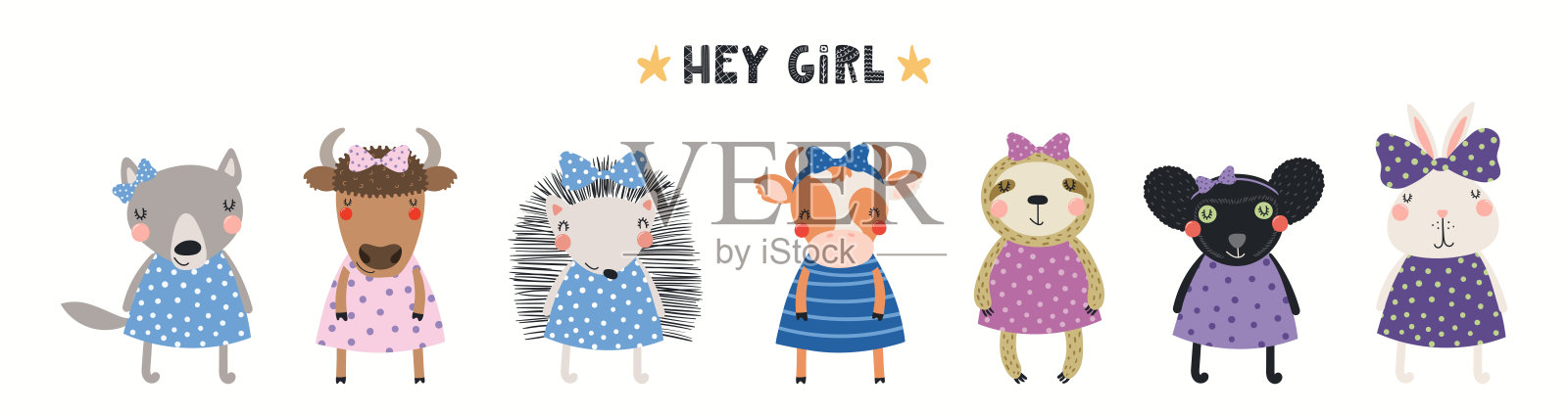可爱动物女孩和小公主的横幅插画图片素材