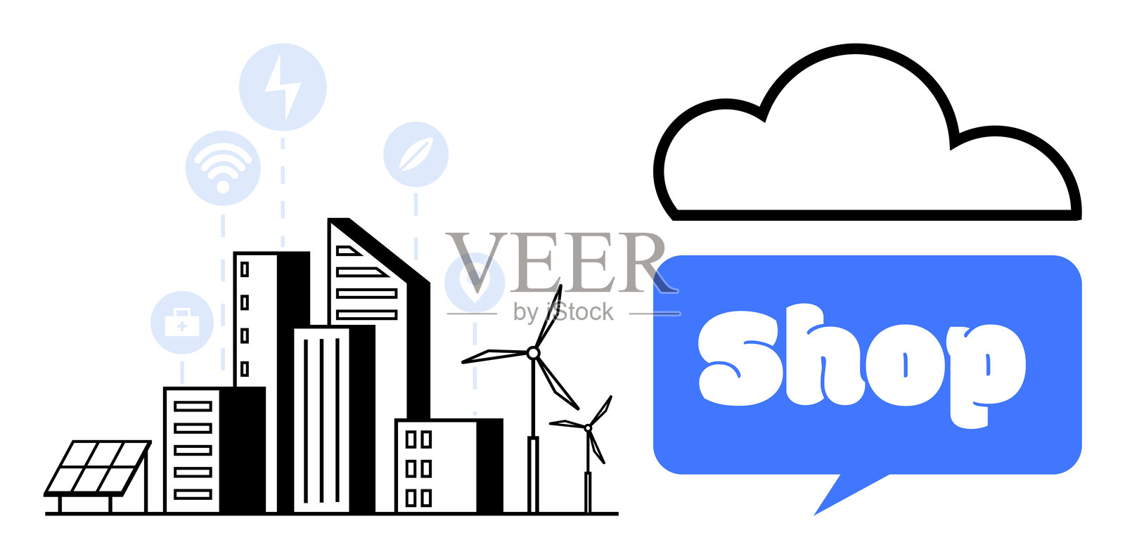智能城市与可再生能源及在线购物概念插画图片素材