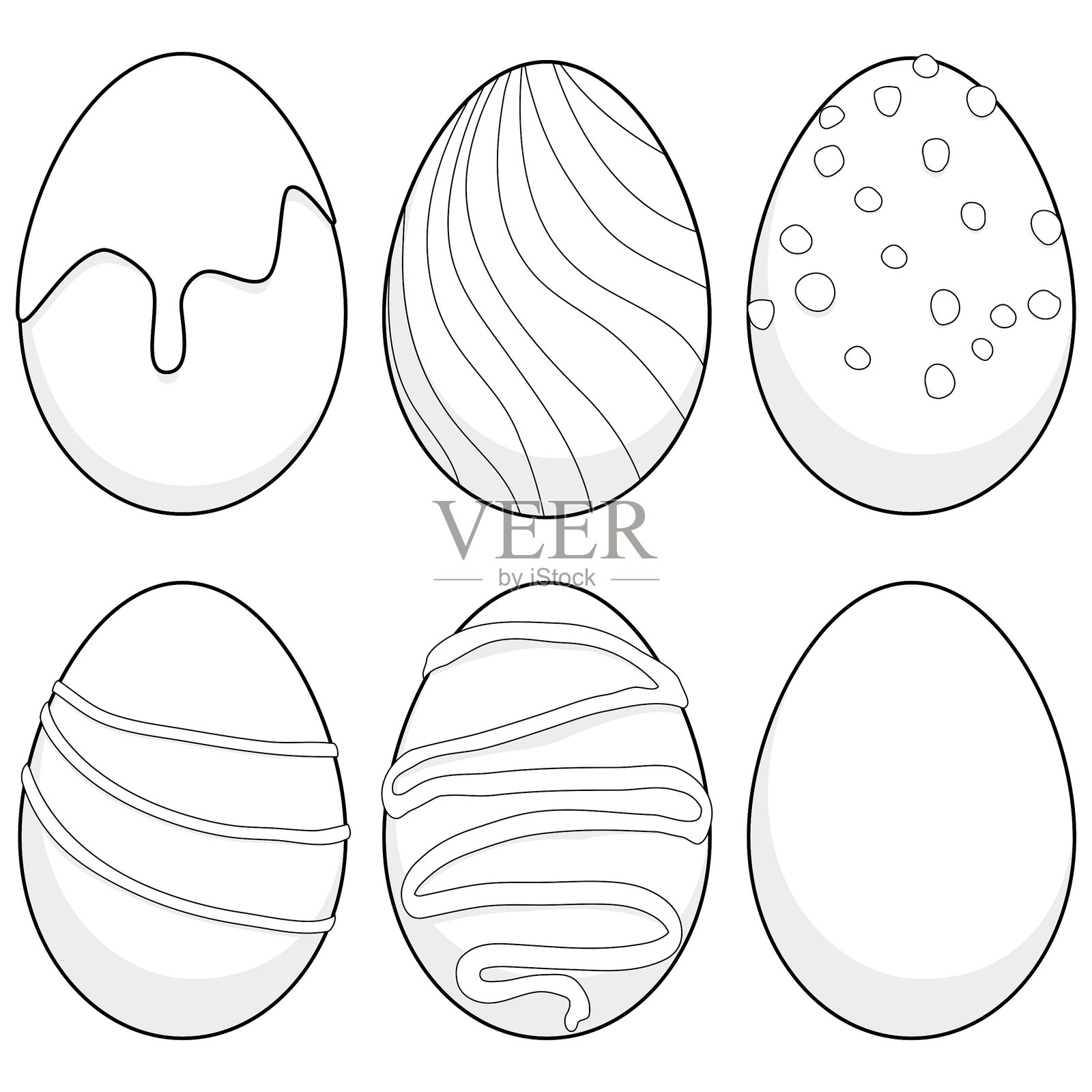 巧克力复活节彩蛋。装饰精美的甜巧克力蛋，适合传统节日庆祝。儿童糖果蛋。黑白涂色页矢量图。插画图片素材