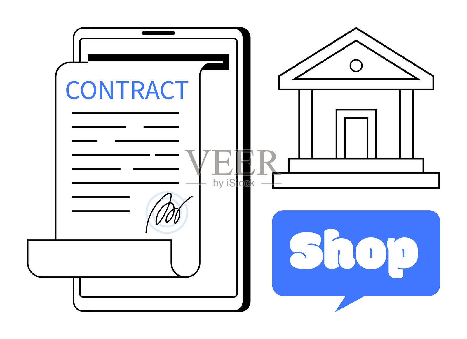 数字合同签署与带有店面图标的在线商店插画图片素材