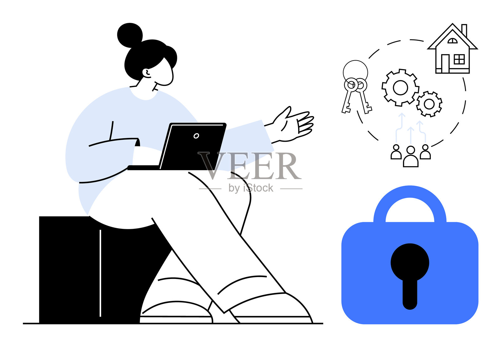 展示安全概念的人与锁和技术图标插画图片素材