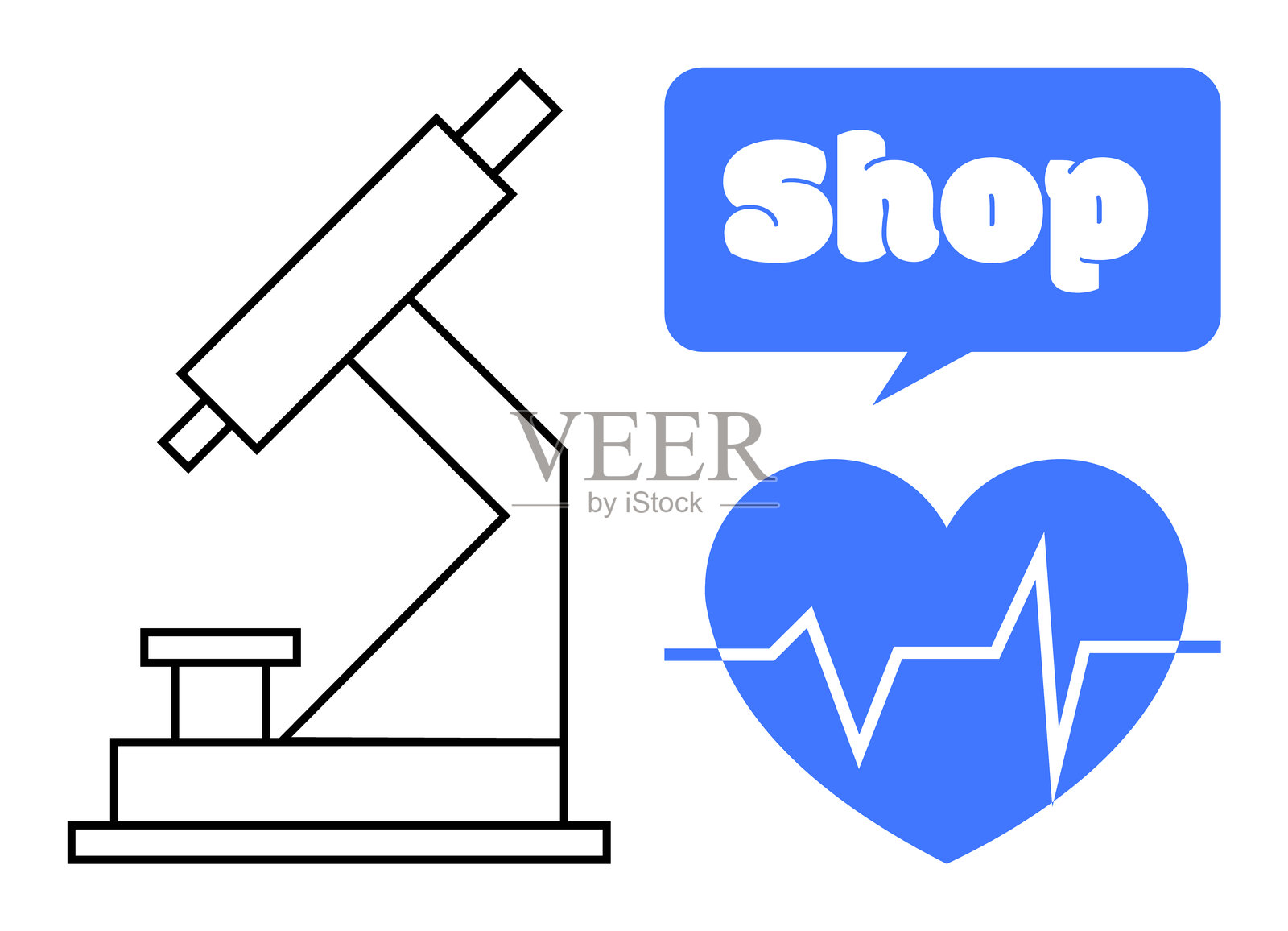 科学零售显微镜、心跳和商店对话气泡插图插画图片素材