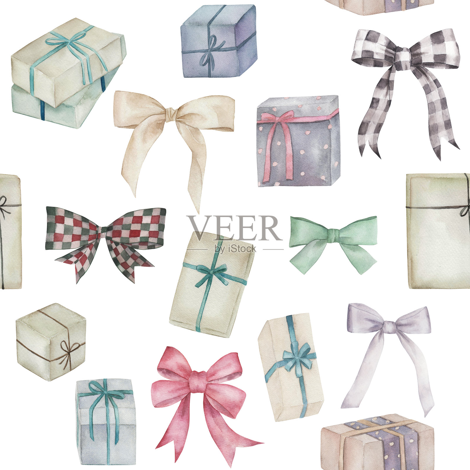 水彩无缝图案，背景为白色，包含礼品盒和丝带。适用于包装、墙纸和面料的庆祝装饰印刷。手绘插图。插画图片素材