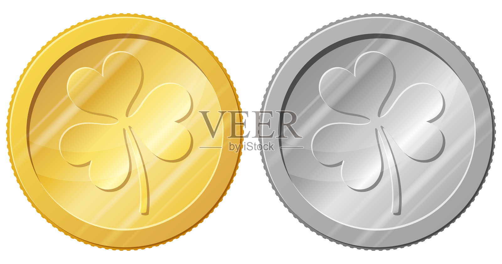 带有三叶草的硬币，有金色和银色两种版本。插画图片素材