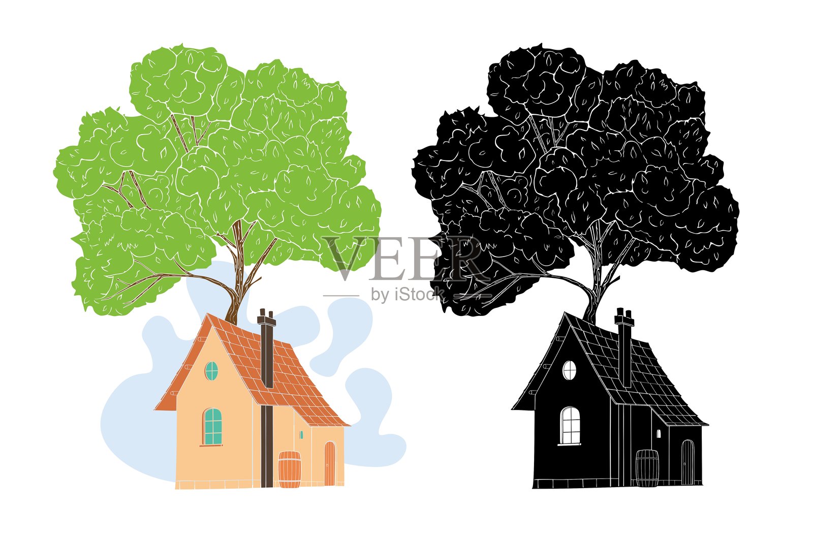 一个温馨的房子依偎在一棵大树下插画图片素材