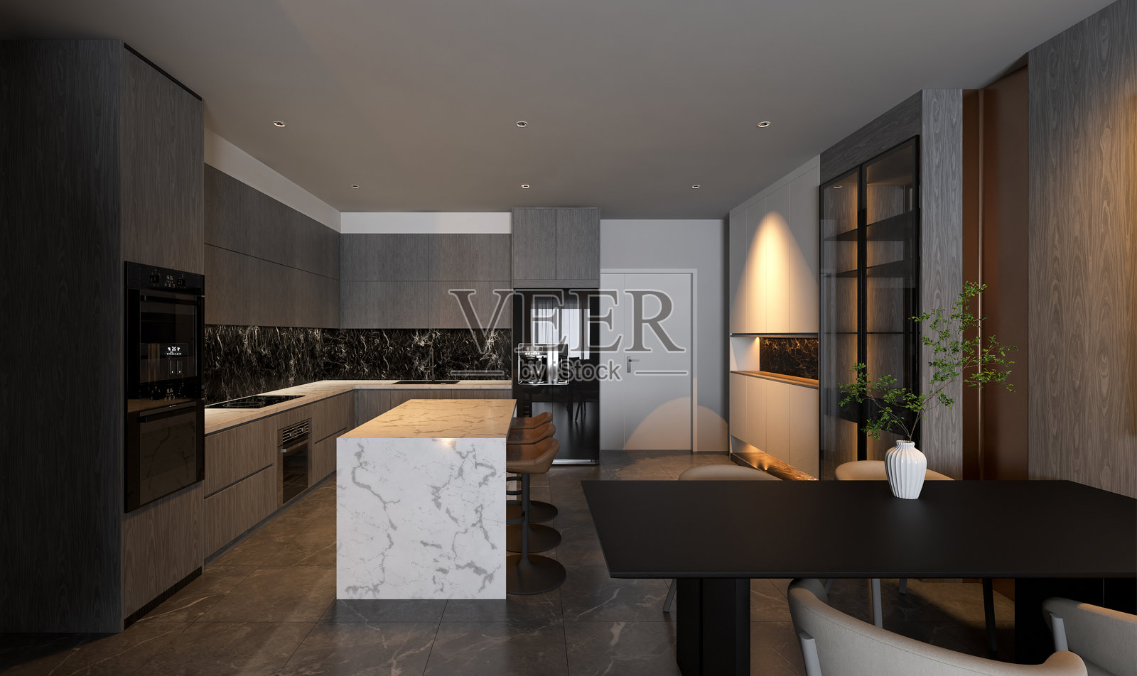 现代厨房，配有流线型橱柜、大理石岛台和时尚装饰，功能与现代设计元素完美融合。3D渲染室内。照片摄影图片