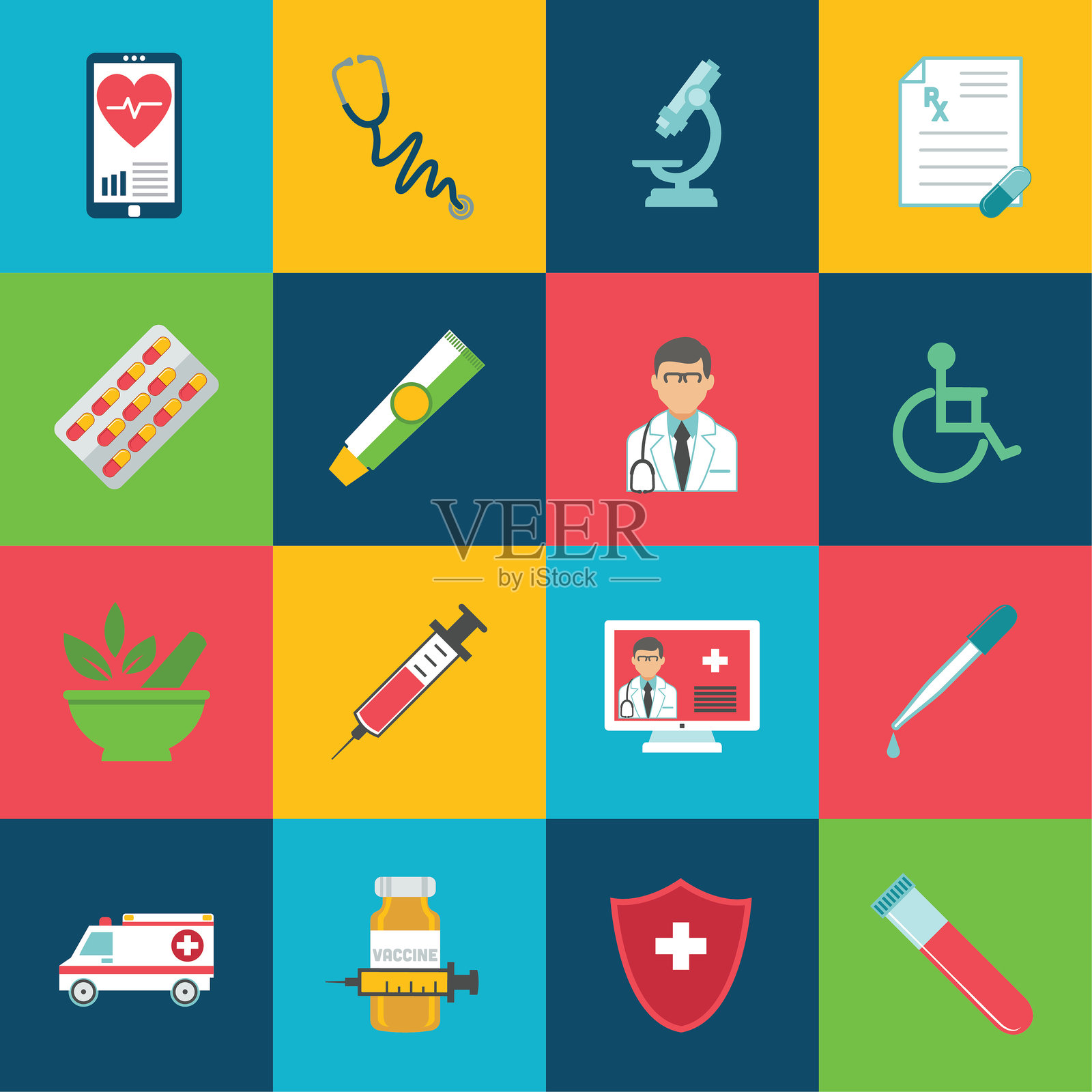 圆形背景上的平坦设计风格的医疗保健图标插画图片素材