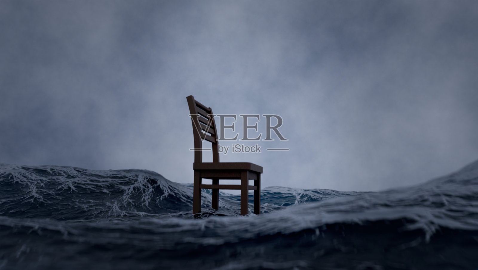 一把3D模型椅子矗立在汹涌的海洋中，情感状态照片摄影图片
