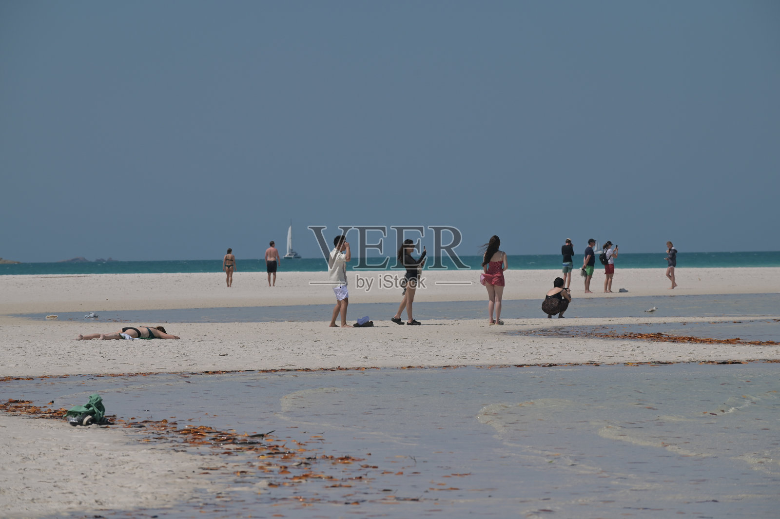 一大群游客在澳大利亚昆士兰州的惠特桑迪群岛白天堂海滩游览照片摄影图片
