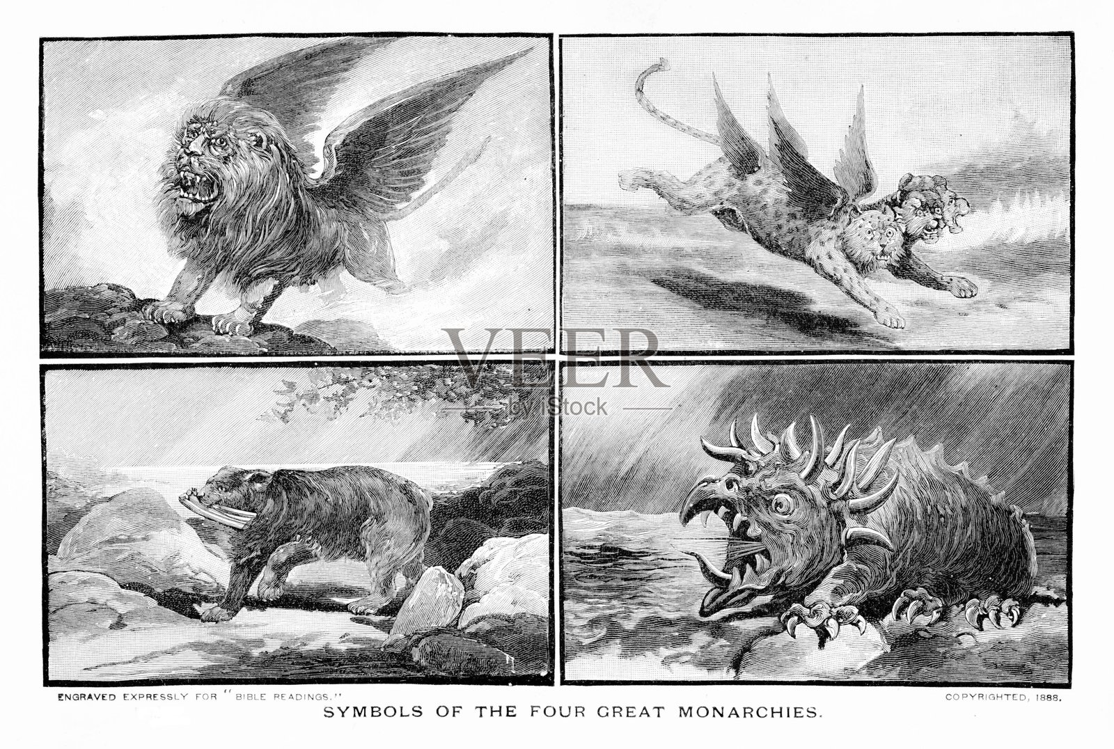 圣经中代表王国的生物预言，象征主义，丹尼尔书中的经文，圣经神学插画图片素材