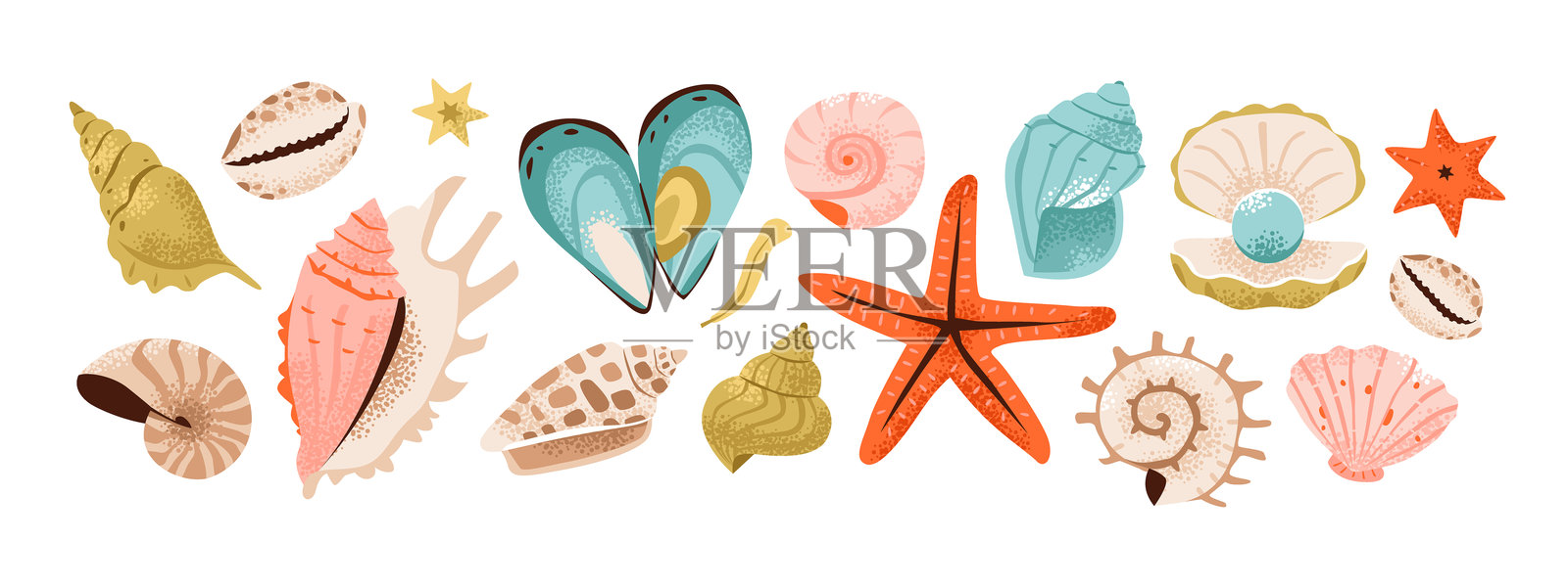 贝壳和水下元素：海螺、珍珠、海星、鹦鹉螺到扇贝。生动的平面矢量插图展示海洋珍宝。插画图片素材