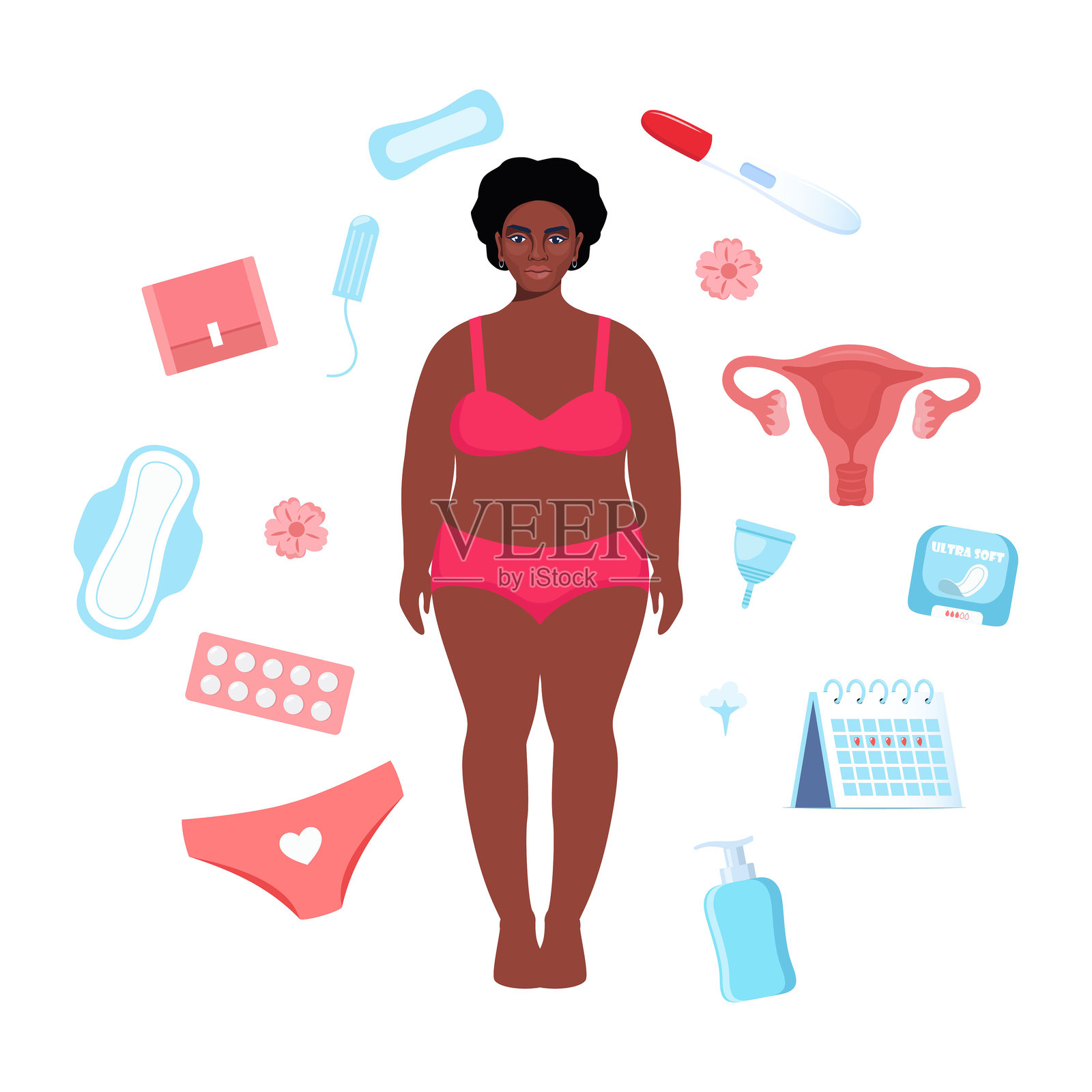 女性健康概念。月经、周期、女性子宫。黑人女性、怀孕测试、卫生棉条、日历、子宫、卫生巾、月经杯、裤子。矢量插图。插画图片素材