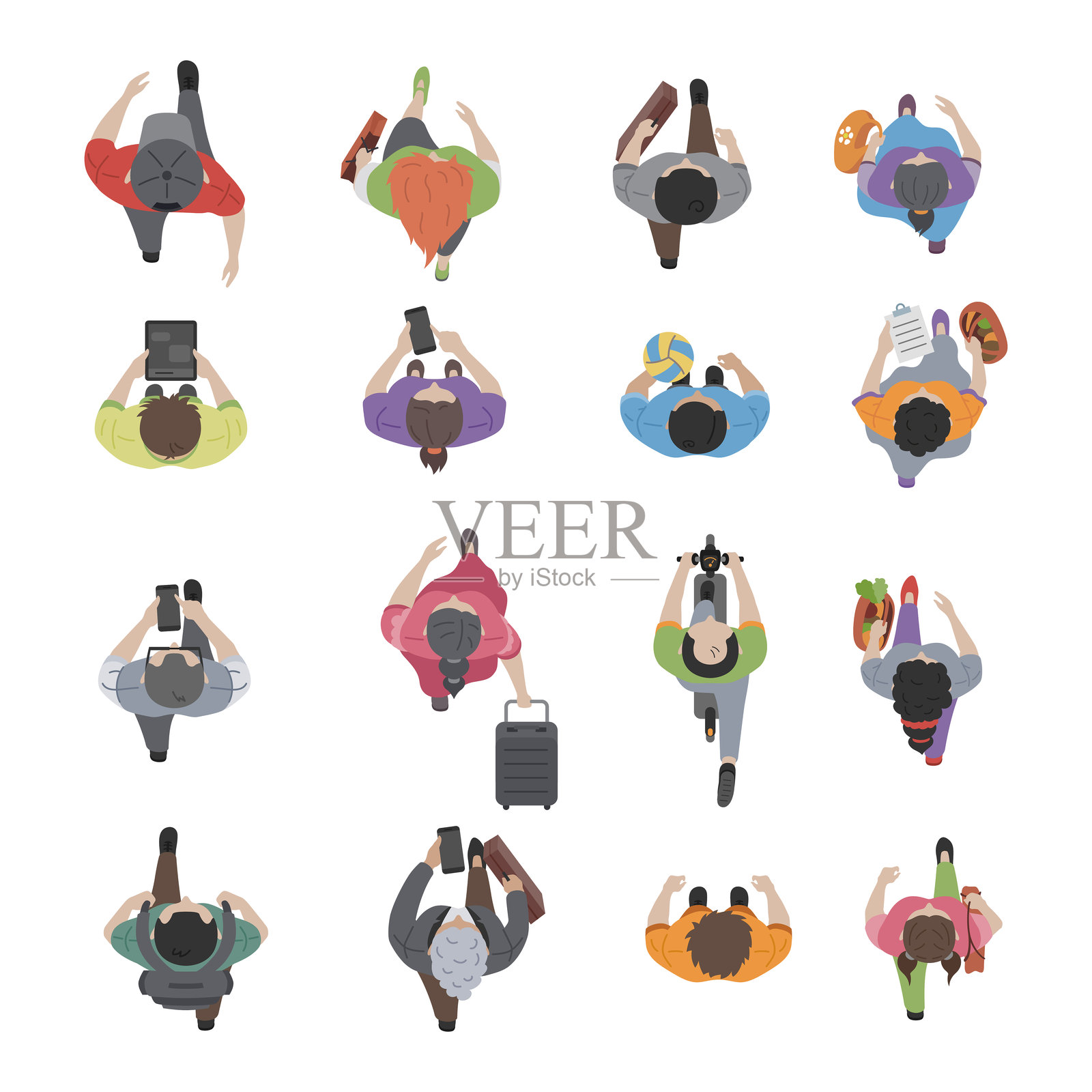 现代人以不同元素的俯视视角组合插图集插画图片素材