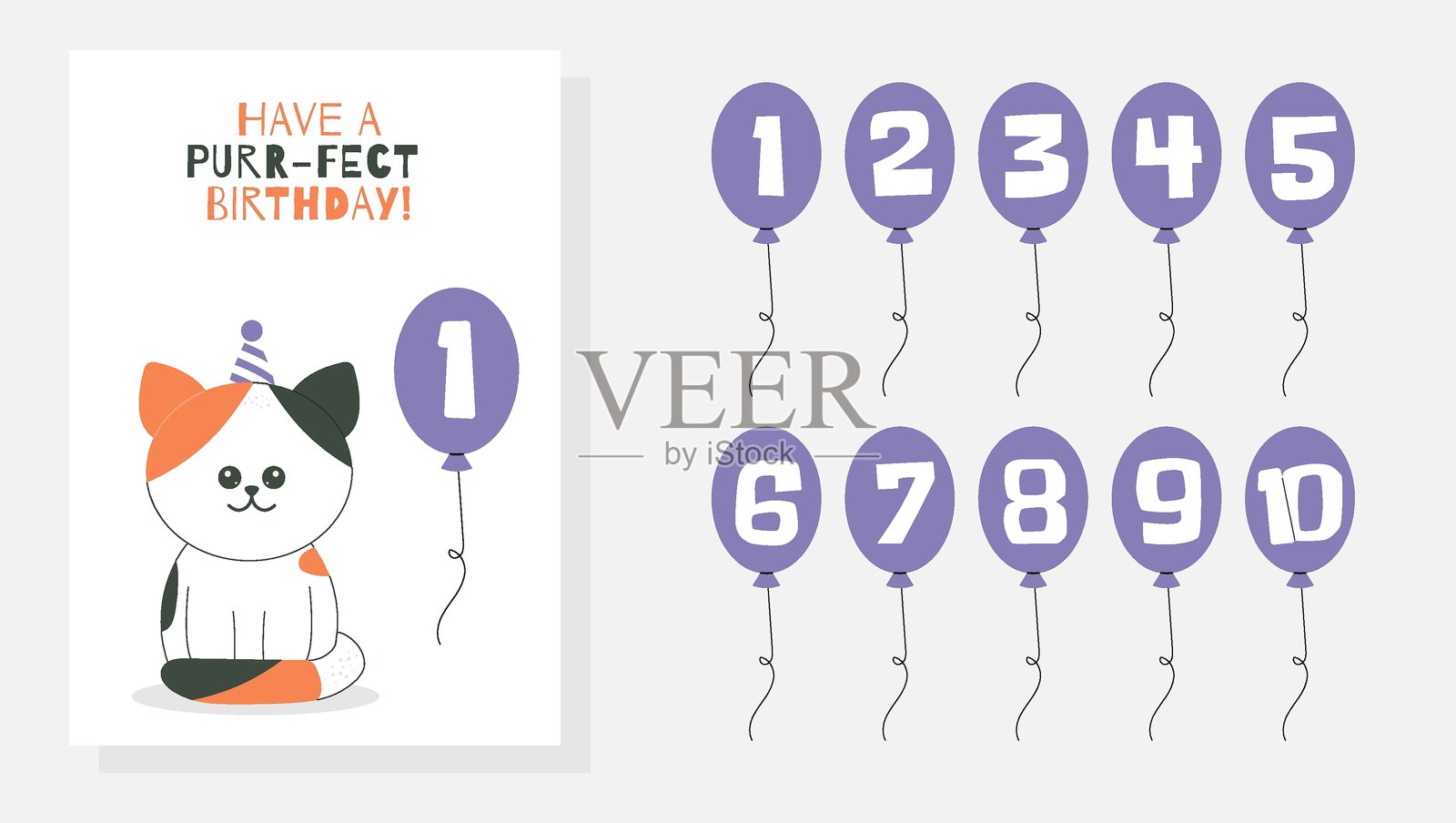 儿童第一次生日的问候和邀请卡。可爱的宝宝猫和气球组合，气球上有数字，采用平面儿童风格。矢量插图，适用于卡片、海报、横幅设计。插画图片素材
