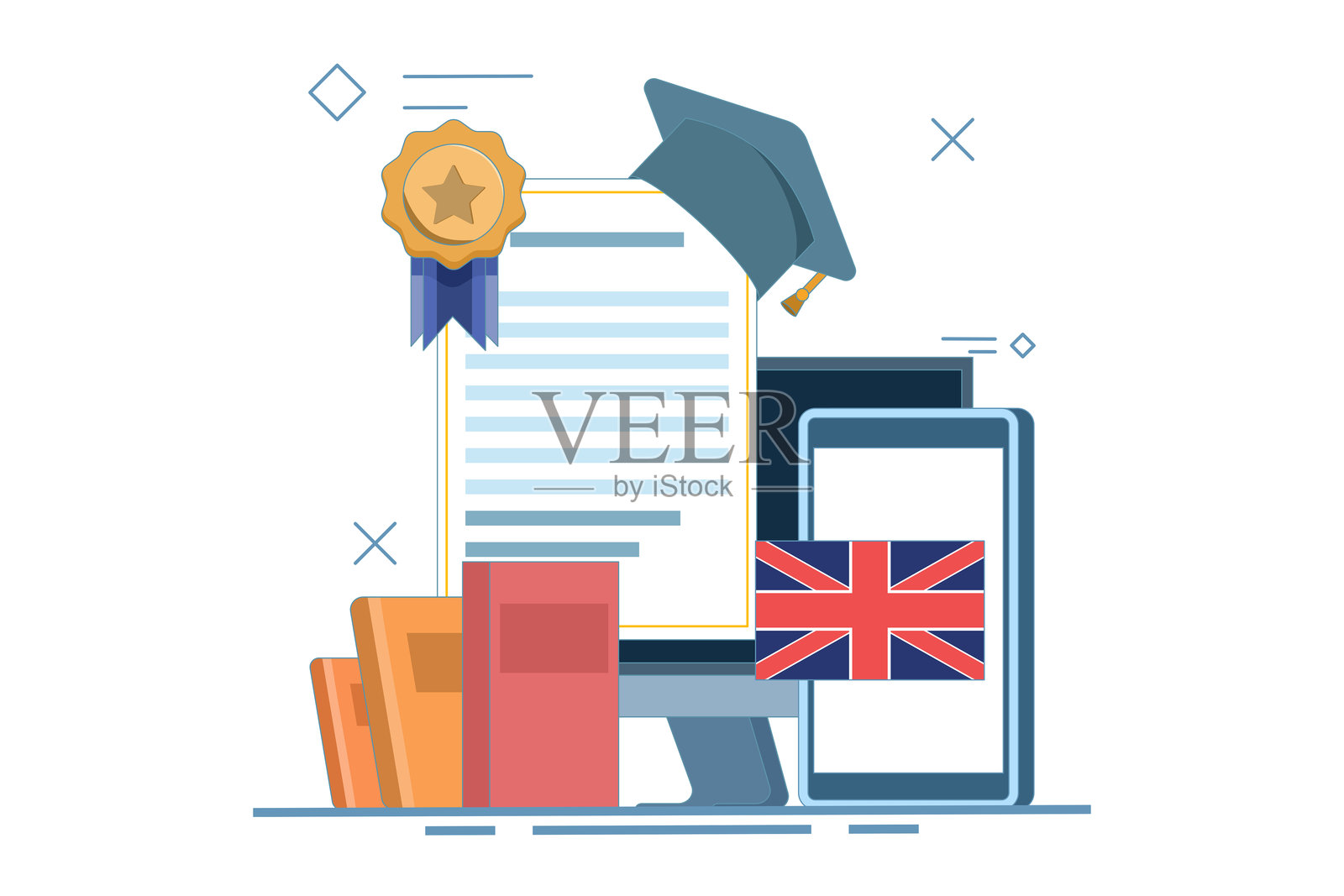 在线英语语言教育课程概念，配有证书框的电脑，书籍，智能手机，翻译，语言翻译，数字营销。孤立背景上的插图。插画图片素材