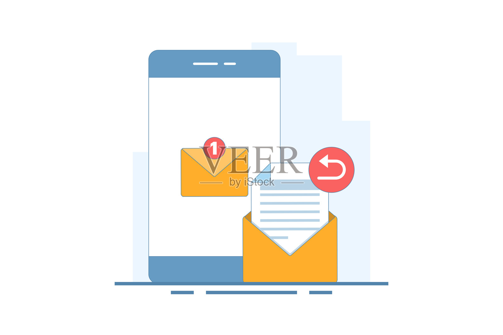 电子邮件服务的回复概念。智能手机屏幕上的新消息通知。用于接收和发送的电子邮件。邮箱消息管理。扁平风格的矢量插图。插画图片素材