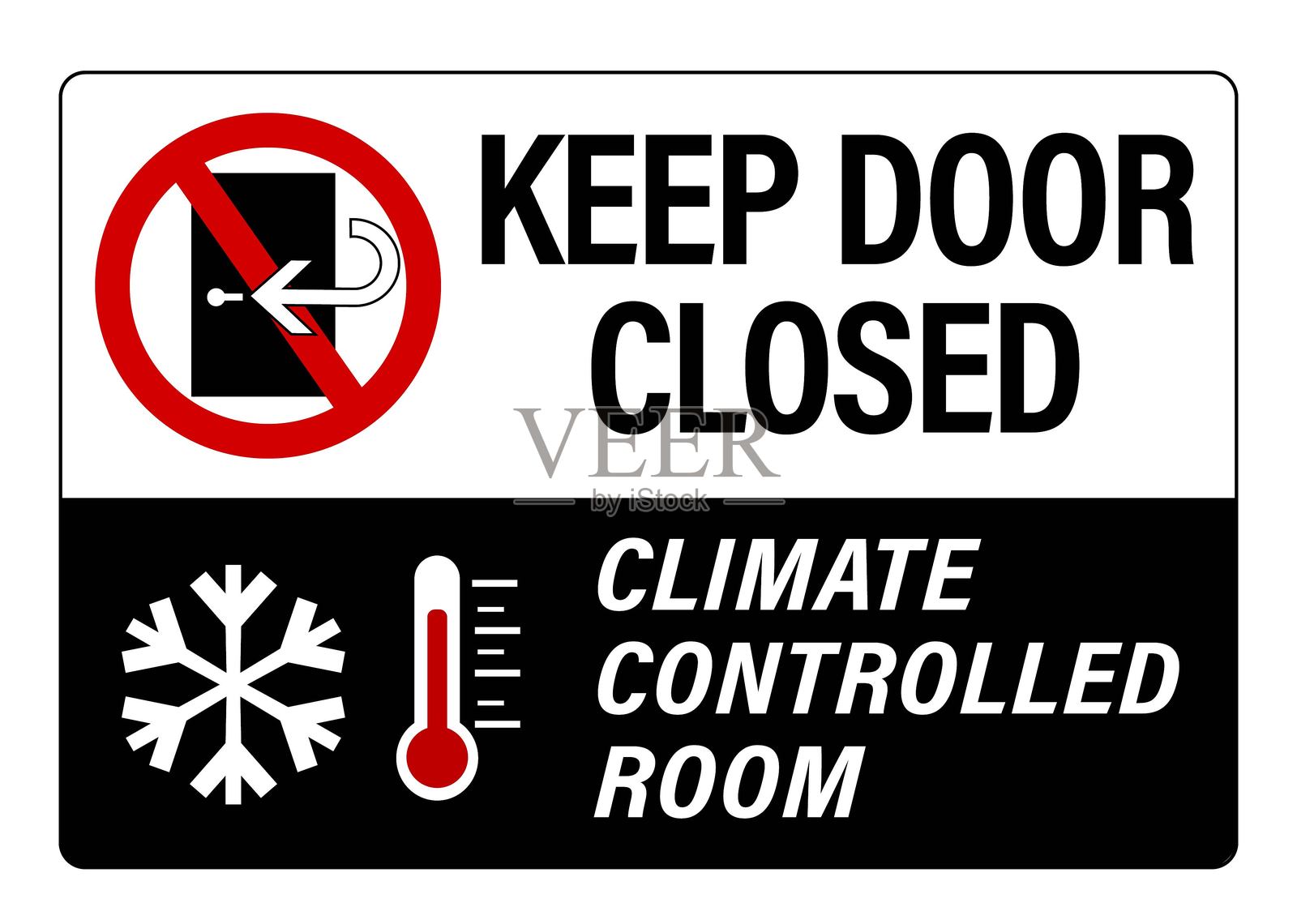 保持门关闭，气候控制房间。带有符号和文字的警告标志。插画图片素材
