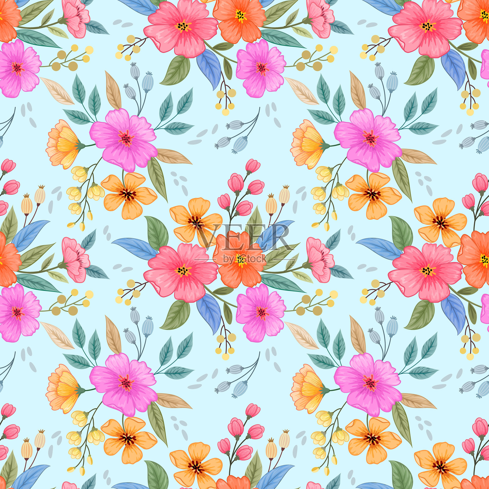 色彩斑斓的手绘花卉无缝图案。插画图片素材