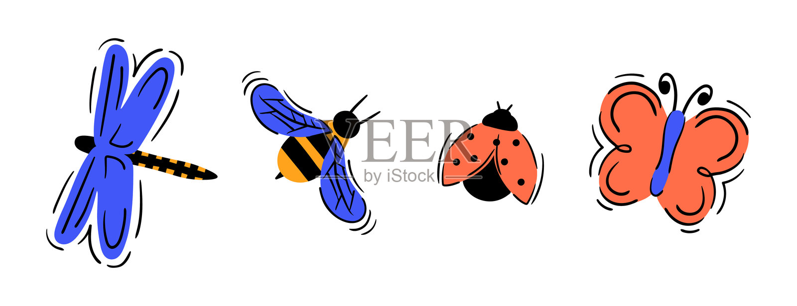 一组涂鸦风格的昆虫。手绘的蝴蝶、蜻蜓、蜜蜂和瓢虫。矢量插图，背景为白色。插画图片素材