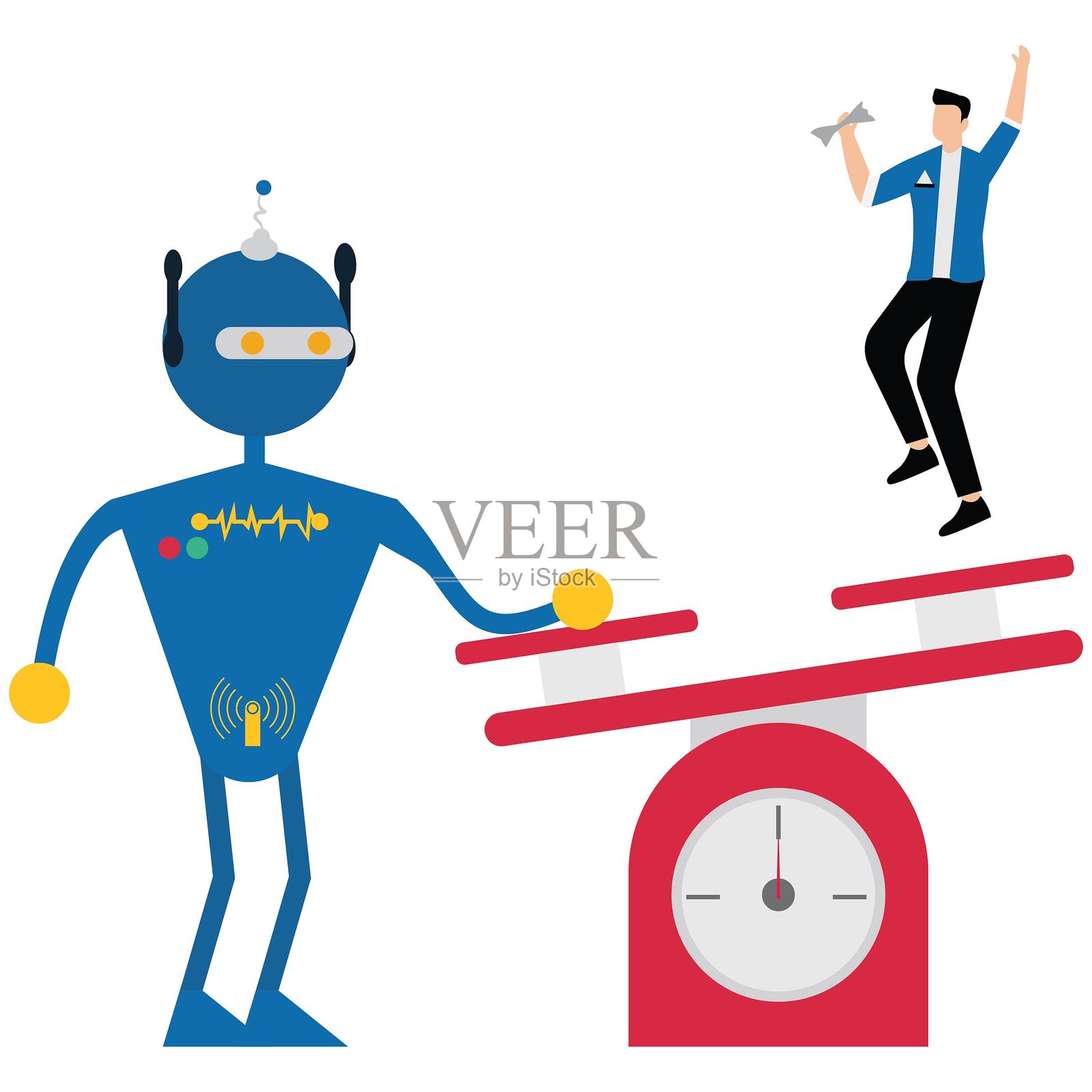 人工智能支持和帮助商业成功，AI自动化技术，创新促进员工发展，改进概念的助手，机器人手帮助商人跳上跷跷板插画图片素材