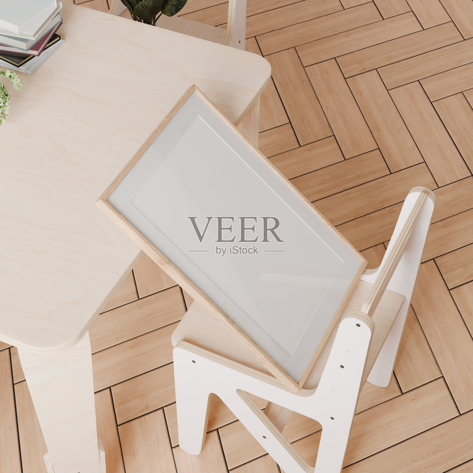 室内框架图片，空白儿童活动室中的木质海报框架，舒适的家居房间，3D渲染插图照片摄影图片