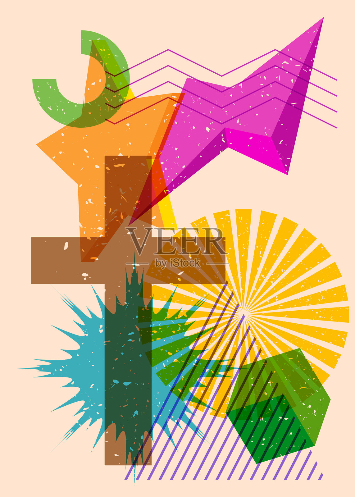 瑞士印刷宗教十字架，带有几何形状的对话气泡。物体采用时尚的瑞士印刷纹理风格设计，结合几何元素。插画图片素材