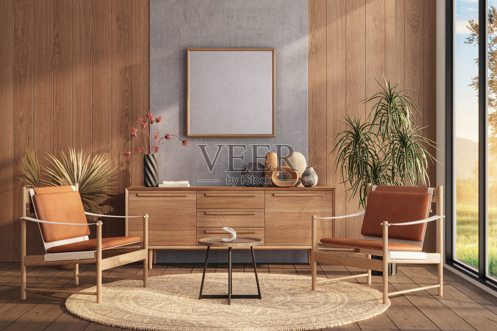 现代客厅室内设计，采用温暖色调，配有混凝土墙和木质墙板。室内模型，3D渲染。照片摄影图片