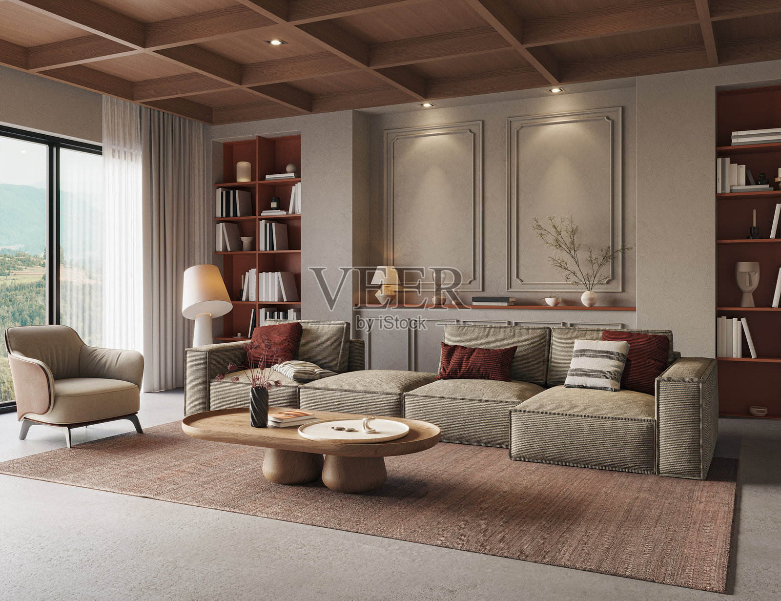 一个时尚的客厅室内，配有现代设计师家具和优雅的配饰，采用3D渲染。照片摄影图片