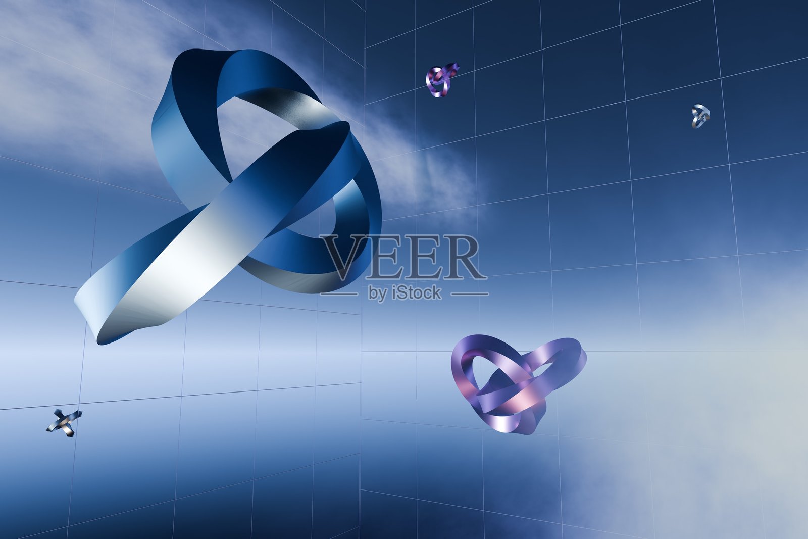 天空中抽象金属环的3D渲染图照片摄影图片