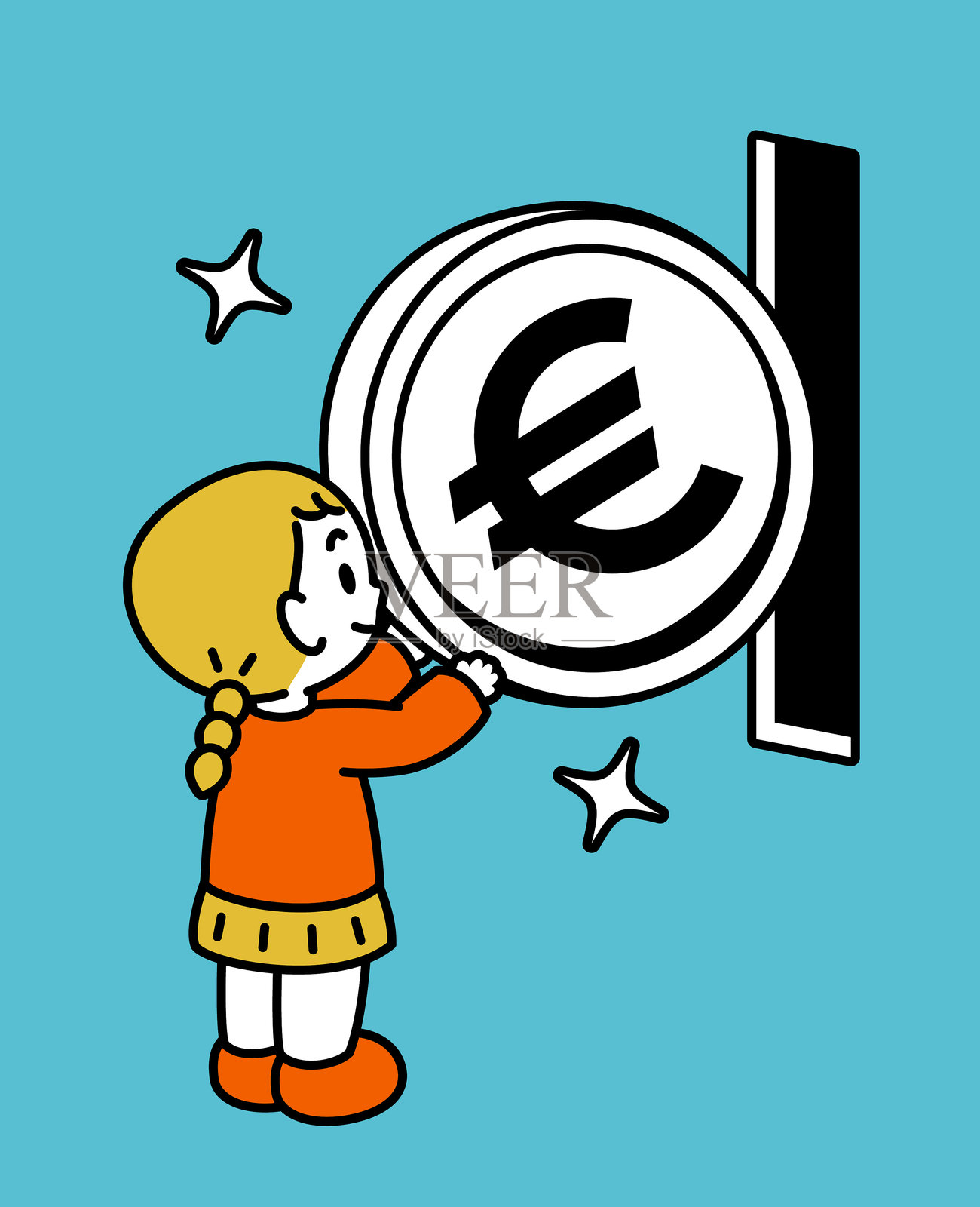 一个可爱的女孩，金色编辫马尾，正把一枚大硬币放入一个黑色插槽，可能是自动售货机或储蓄罐，三分之四的背面视角，黑色轮廓，平面色彩，极简风格插画图片素材