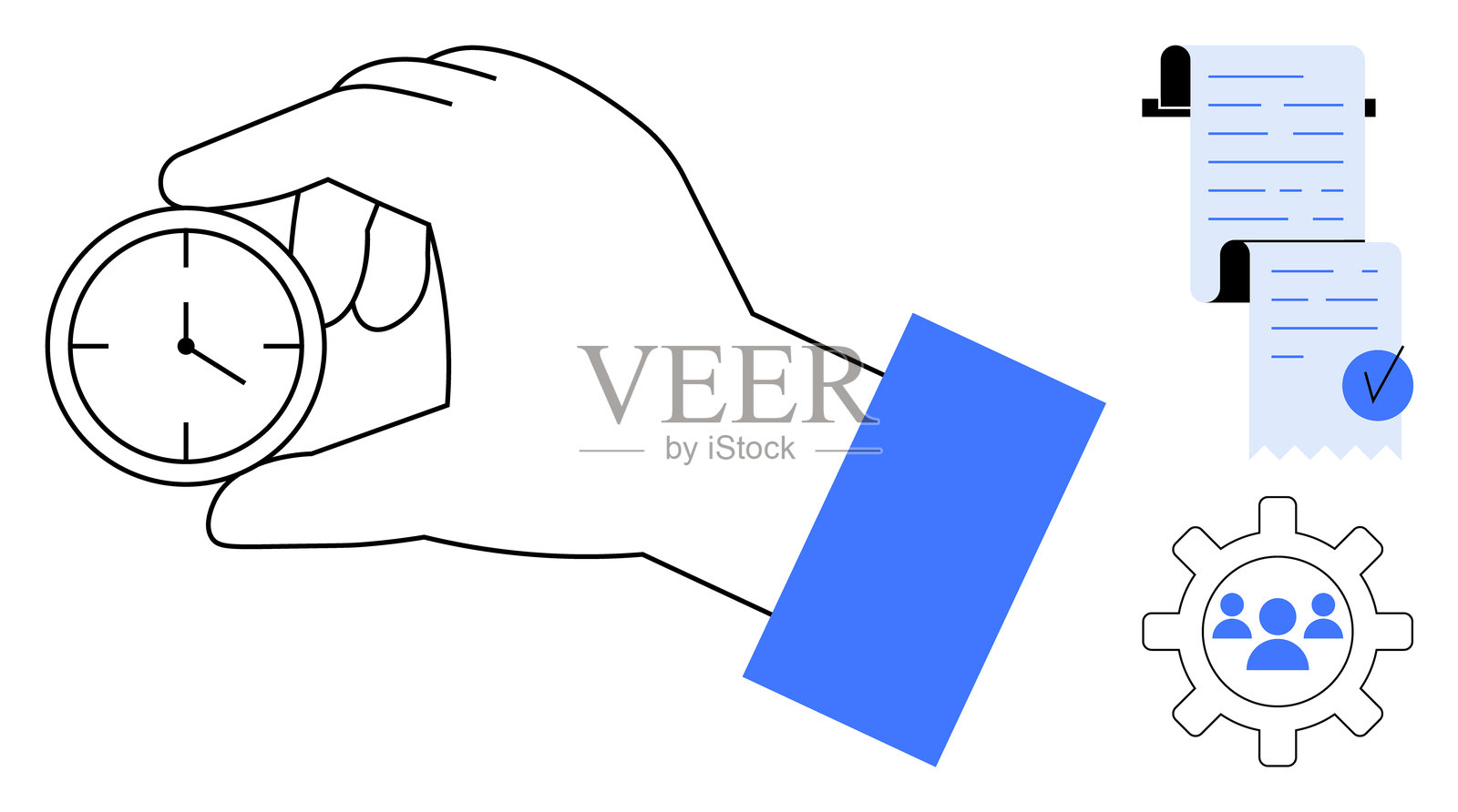 时间管理与生产力概念，配有时钟、文件和团队合作工具插画图片素材