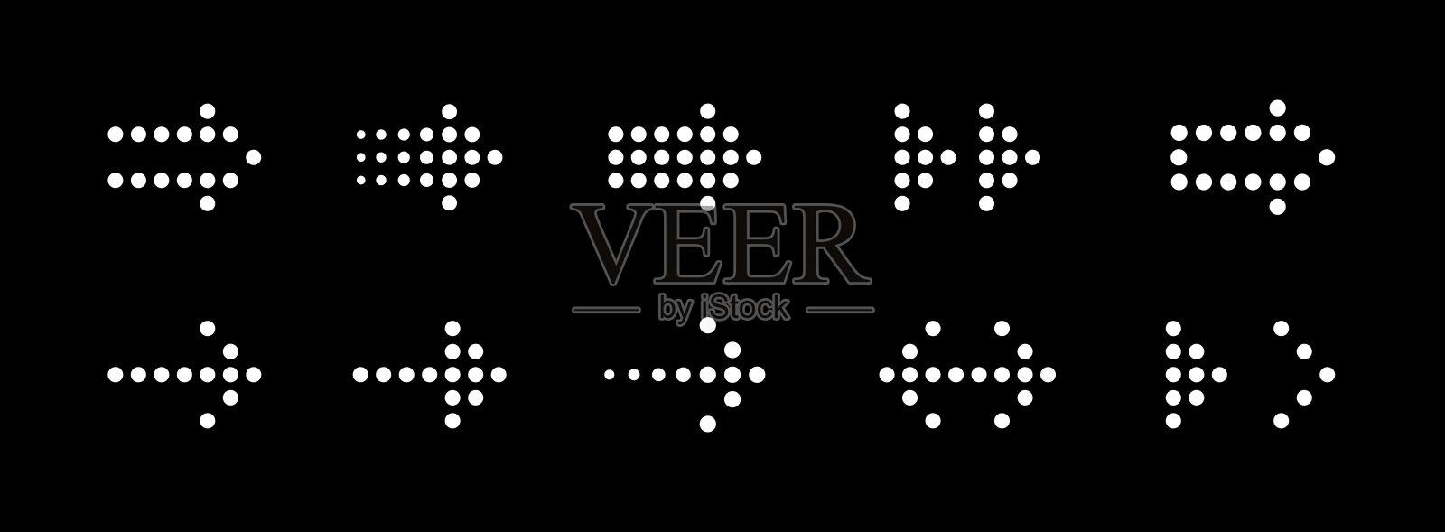 点状箭头图标集。箭头点样式图标。带有半色调效果的箭头集合。不同形状。带点的方向指示器。网站和应用程序导航的设计元素。插画图片素材