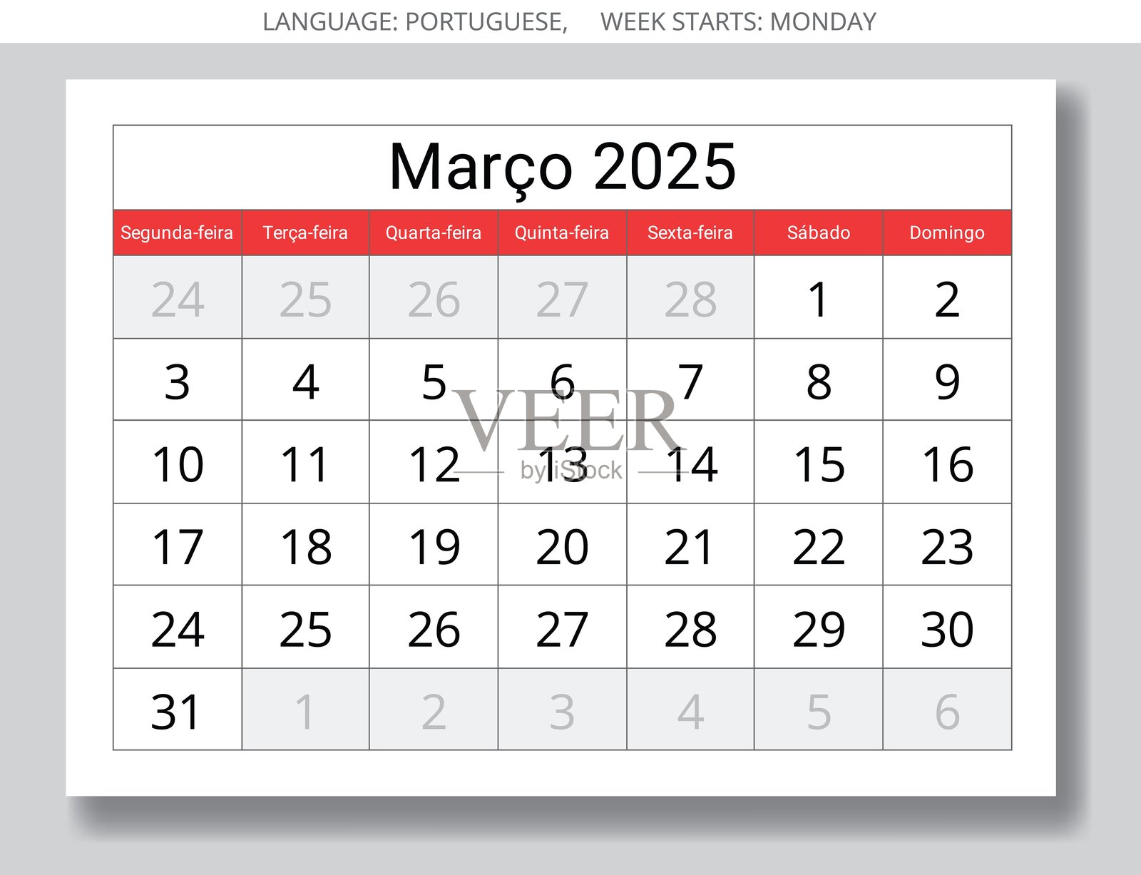 2025年3月葡萄牙月历。葡萄牙的矢量纸张插图。插画图片素材