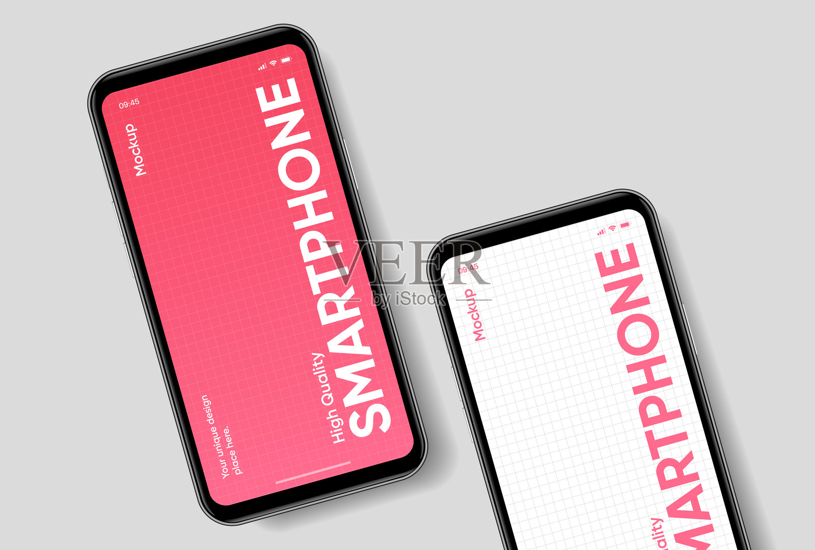 逼真的智能手机模型。带有白色背景的手机矢量图。设备正面视图。带阴影的3D手机。高质量的逼真智能手机模型，用于UI/UX演示。插画图片素材