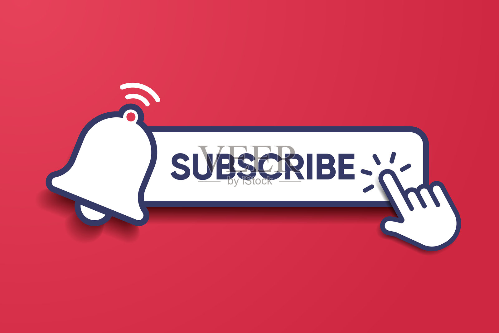 订阅按钮铃铛，通知图标按钮和手形光标点击。红色按钮订阅社交媒体频道，营销，博客。网站、移动应用、UI UX的矢量插图。EPS 10插画图片素材