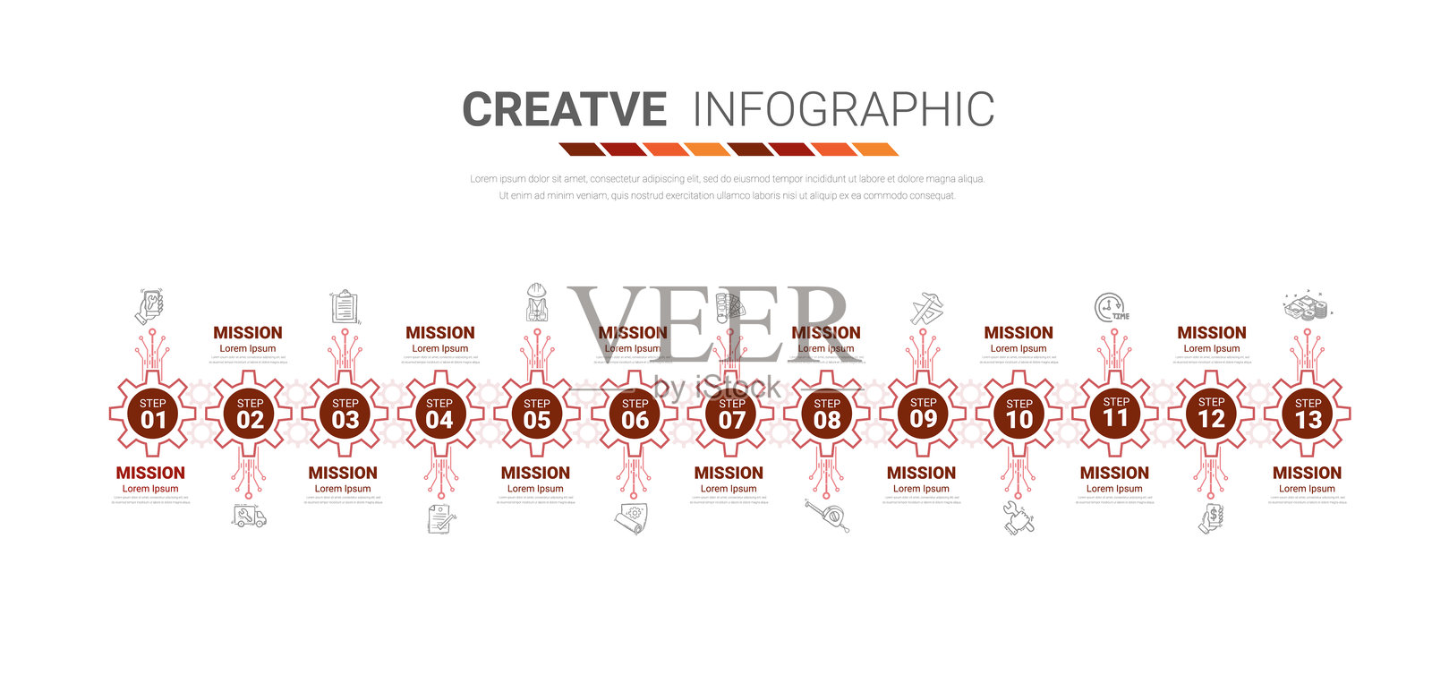 用于演示的齿轮信息图，13个步骤。齿轮传动连接机械，工程技术进步商业演示初创企业矢量概念。齿轮连接横幅。插画图片素材