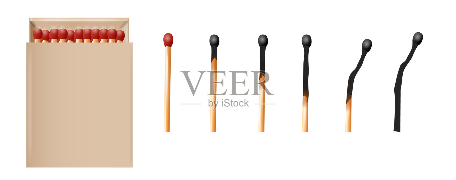 火柴盒，顶部和透视视图的空包装。3D空白盒子的真实模型。火柴燃烧的阶段。点燃的象征。矢量图。插画图片素材