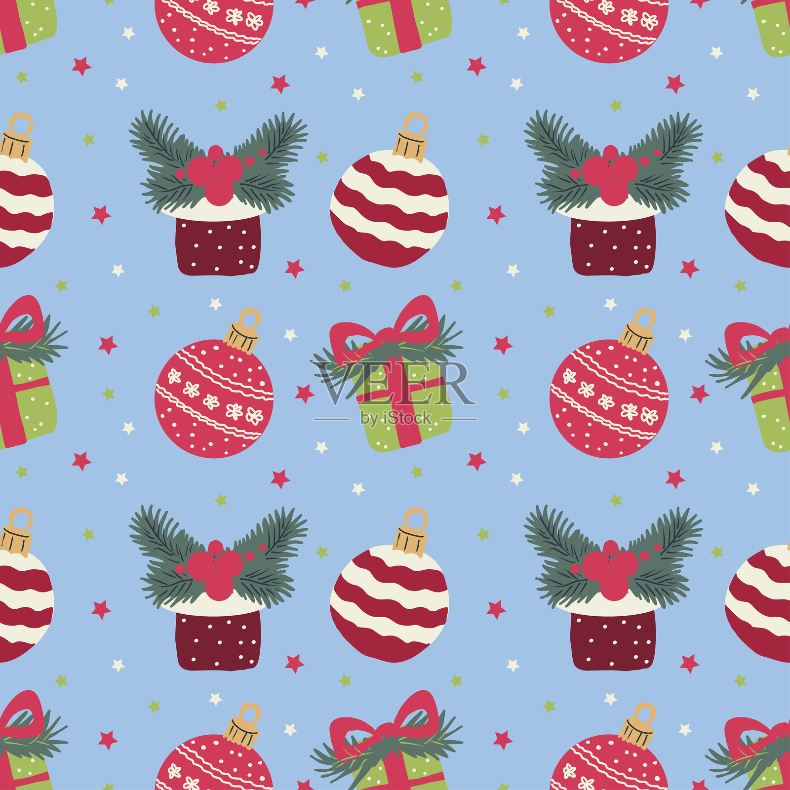 手绘矢量圣诞无缝图案。礼品盒、圣诞老人、雪人、圣诞装饰品。插画图片素材