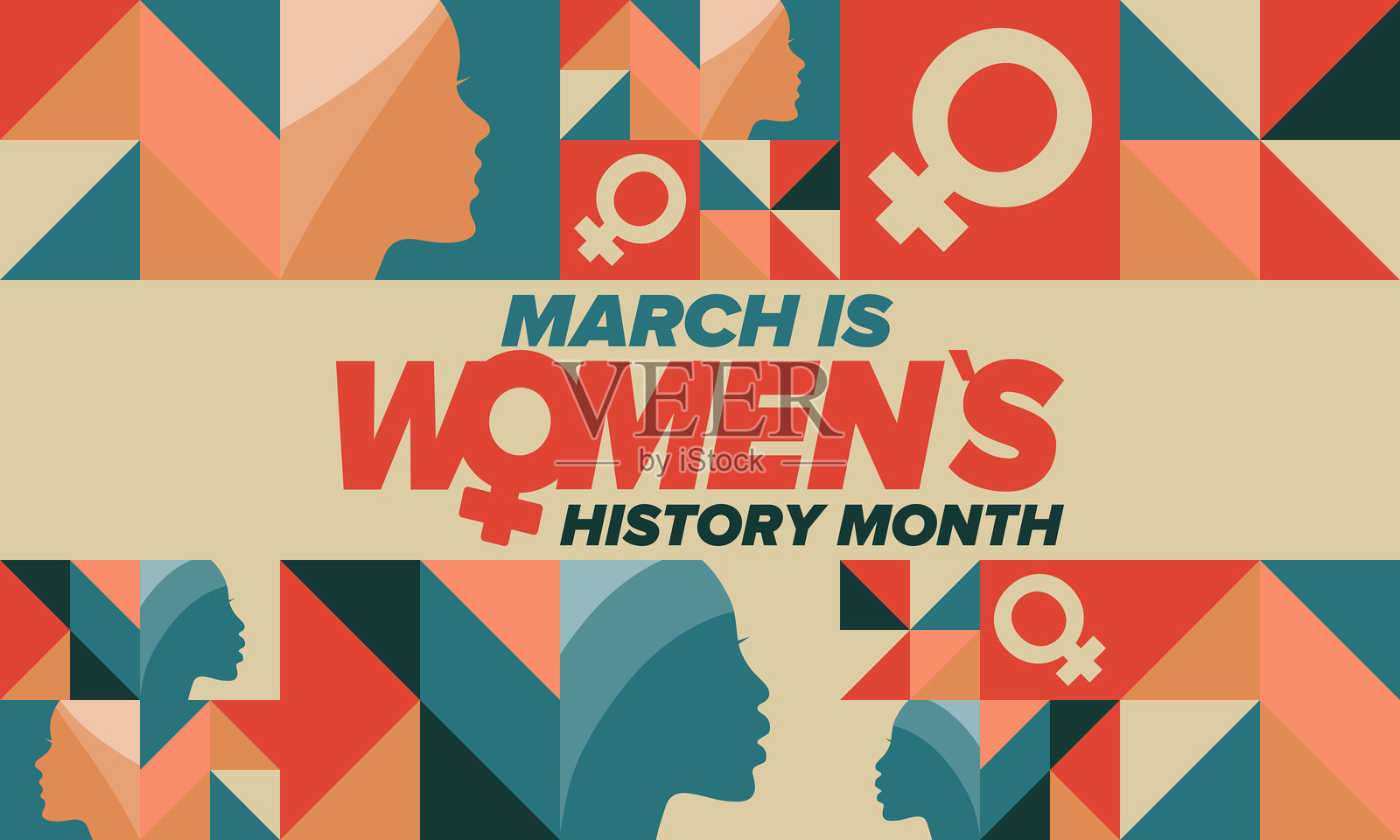 妇女历史月。每年三月庆祝，以纪念女性对历史的贡献。女性符号。女性权利。全球女孩力量。海报、明信片、横幅。矢量插图。插画图片素材