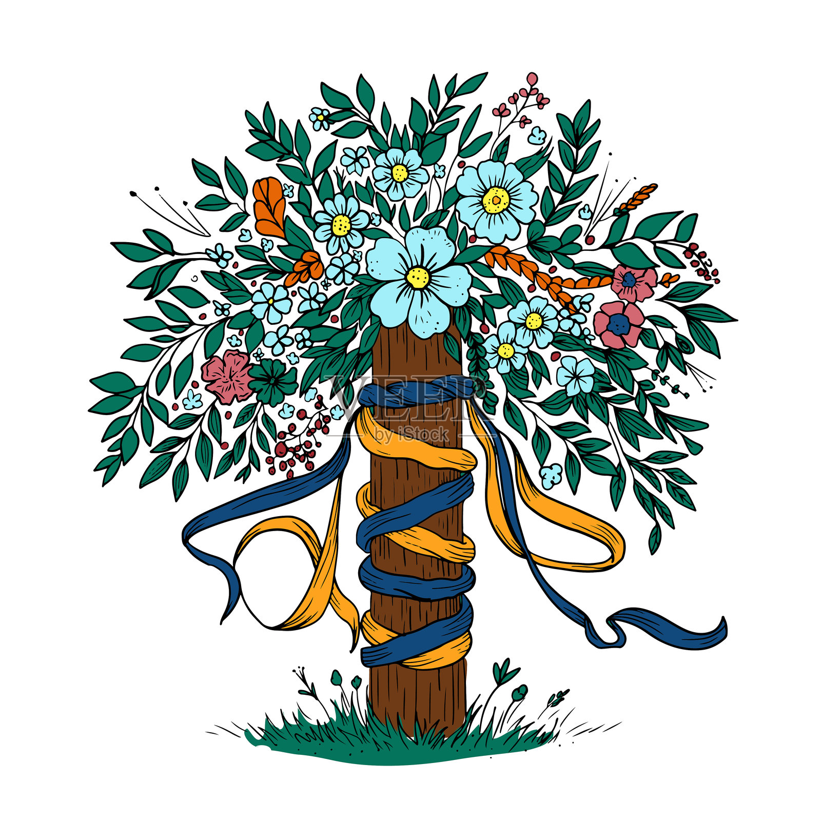 手绘涂色书页面。瑞典仲夏节。五月柱。插画图片素材