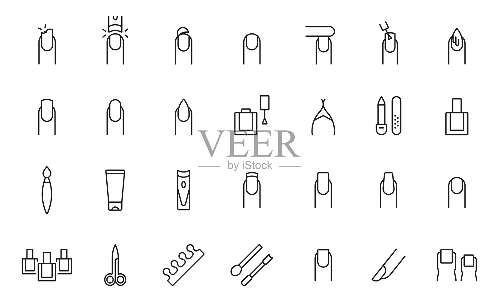 美甲，指甲图标集。美容院轮廓图标符号。美甲工具图标集合。矢量图标插画图片素材