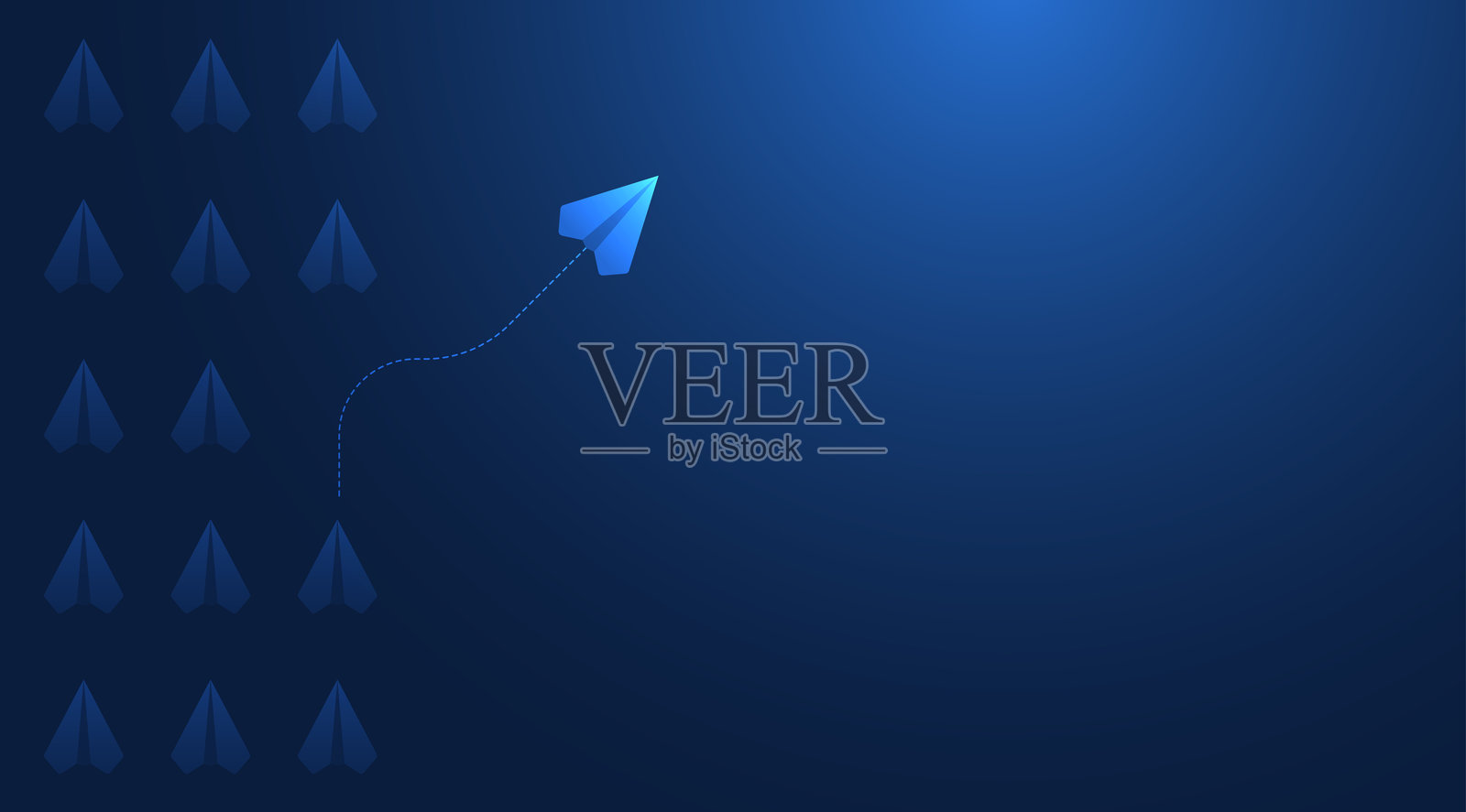 领导力和不同思维概念与纸飞机。纸飞机在未来感的深蓝色天空中飞翔。领导者为新想法而生。商业概念。矢量插图。插画图片素材