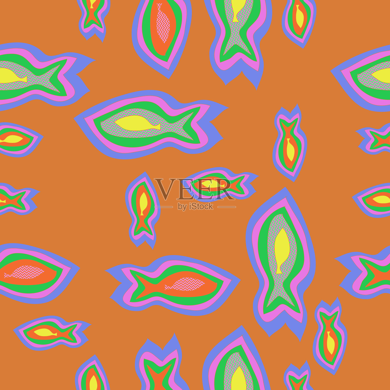 无缝图案 彩色条纹鱼。手绘。插画图片素材