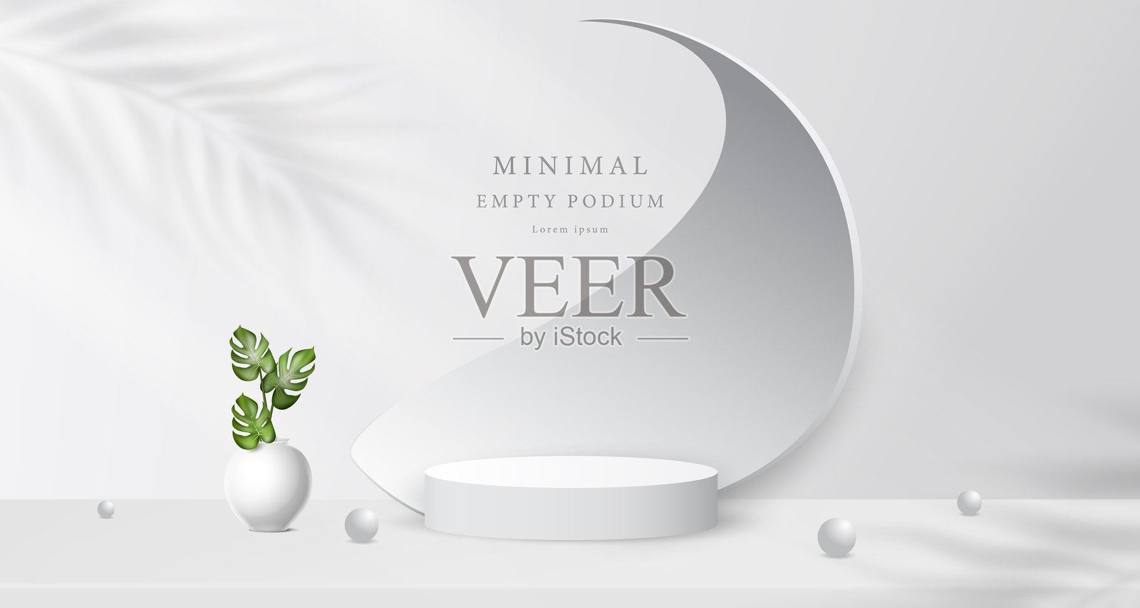3D真实奢华风格的空白白色讲台底座，带有螺旋装饰元素的背景装饰，白色球体和白色花瓶，白色背景上的棕榈叶，阳光照射下。插画图片素材