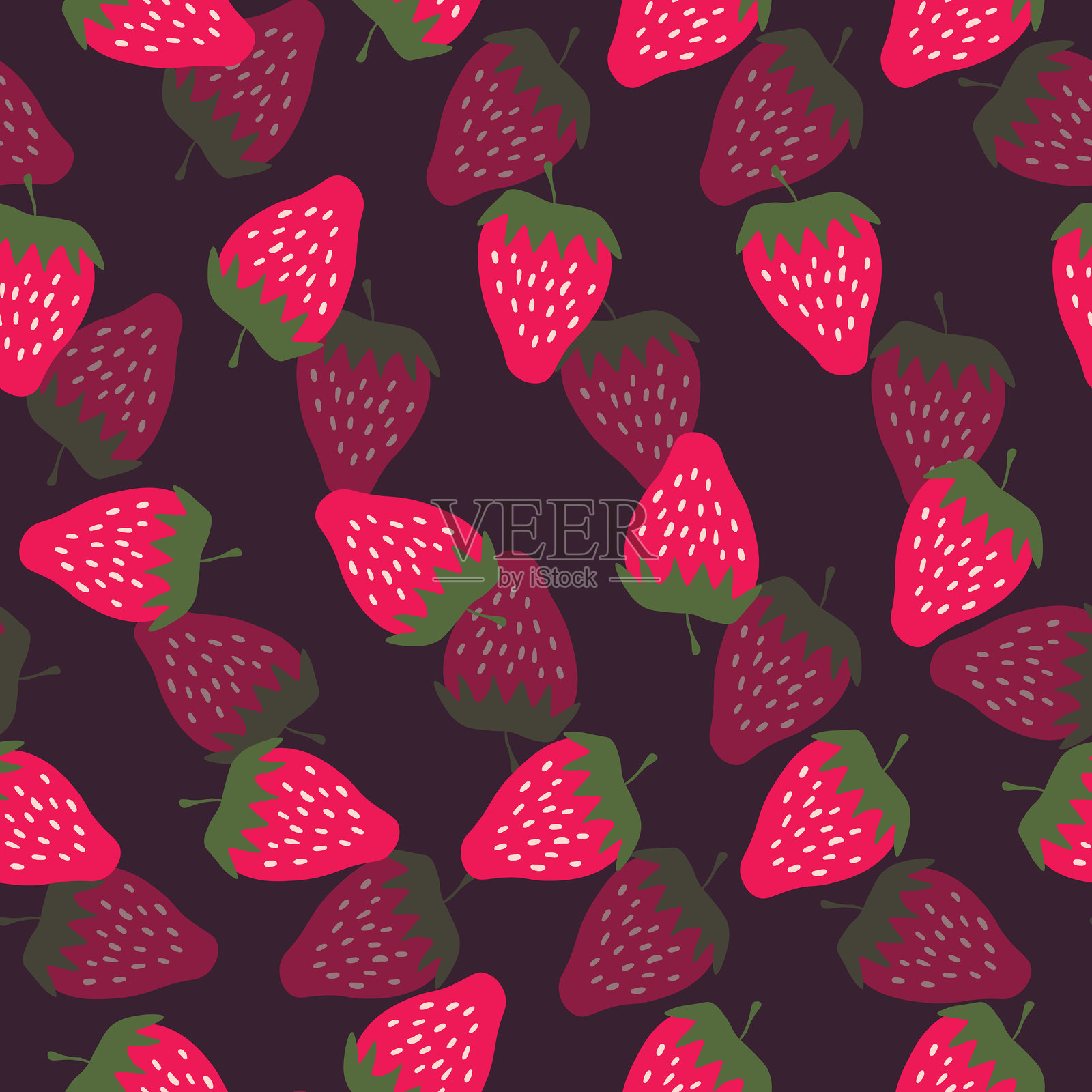 草莓无缝图案，背景色彩丰富。天然美味的新鲜成熟水果。适用于印刷、面料、纺织品、横幅及其他设计的矢量插图。食品概念。插画图片素材