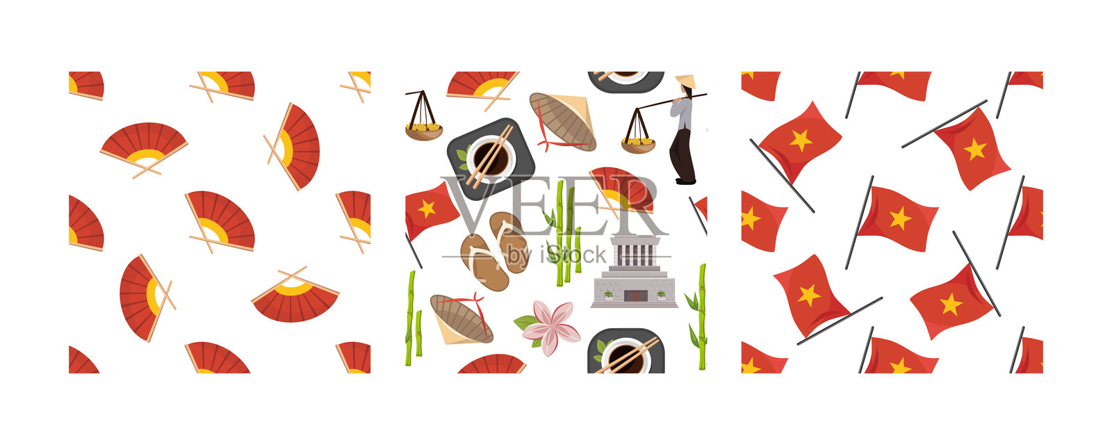 越南传统符号、国旗和文化元素的无缝图案集，采用红色和黄色调的扁平风格插画图片素材