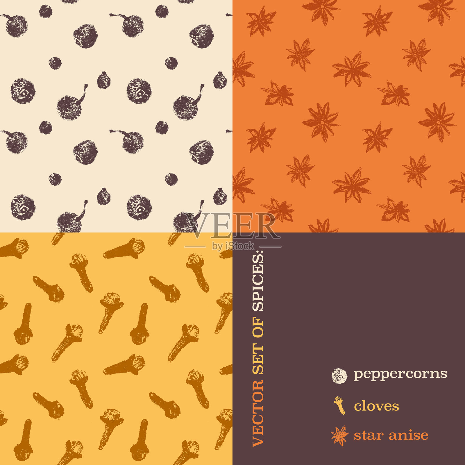 香料的矢量图案集合 — 黑胡椒粒、丁香和八角。插画图片素材