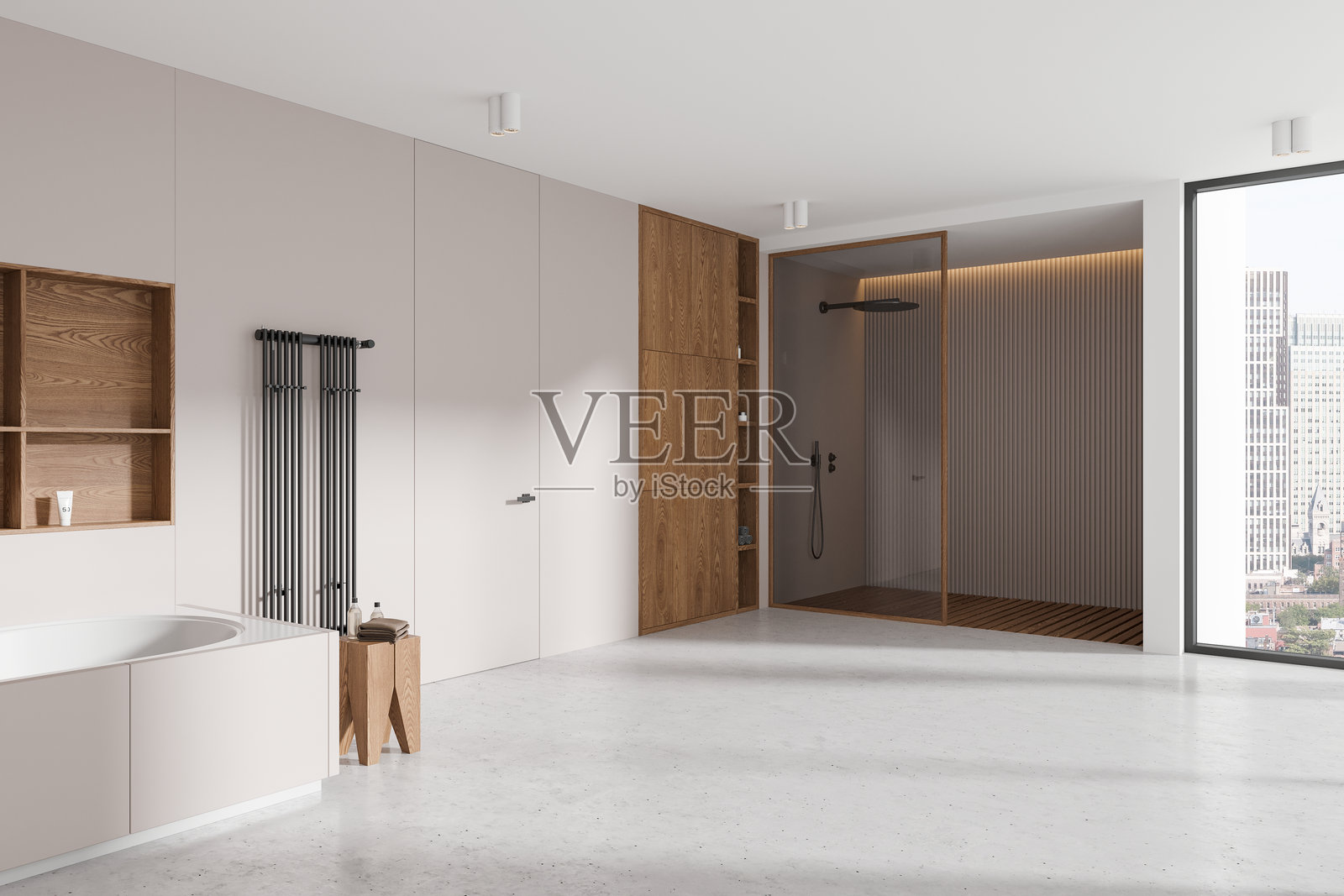 现代浴室室内设计，城市景观。3D渲染照片摄影图片