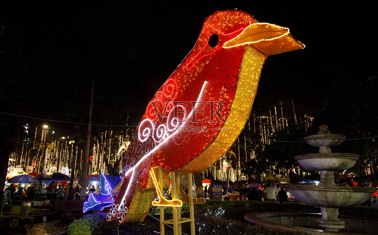 一个大型发光鸟,作为哥伦比亚瓦耶尔德尔考卡州卡利市主要广场的节日灯光展示的一部分照片摄影图片